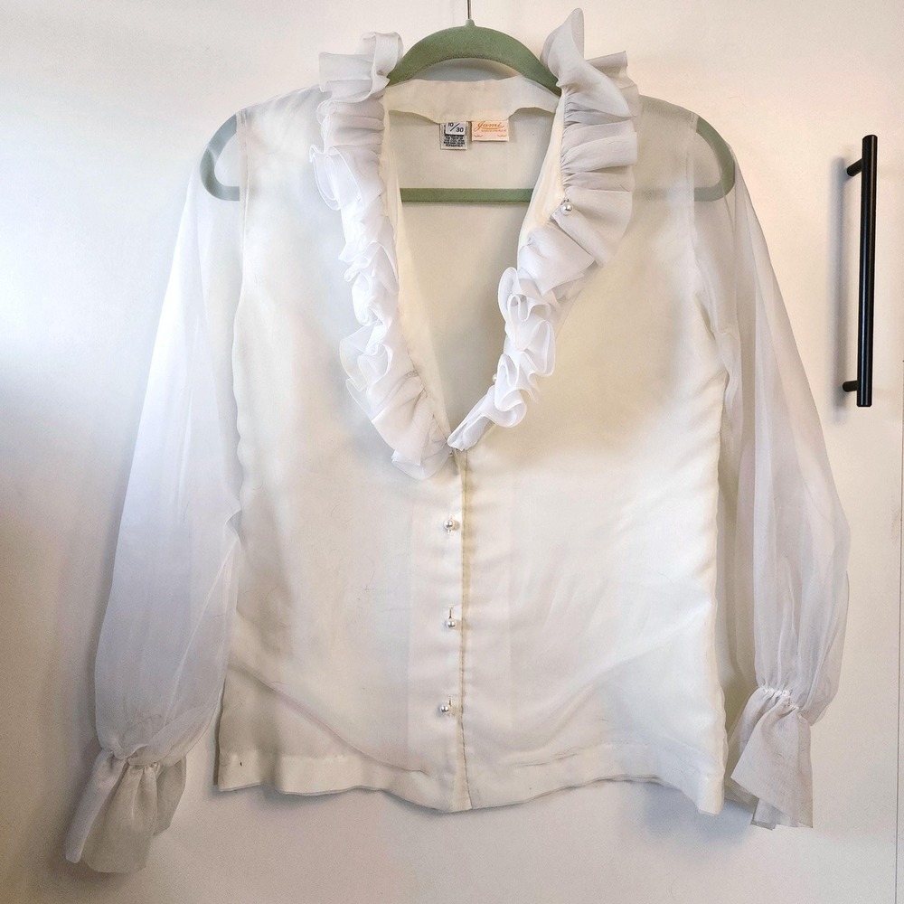 Vintage Jami Originals Victorian Blouse White Ruffle Collar Sheer Sleeve Size 10